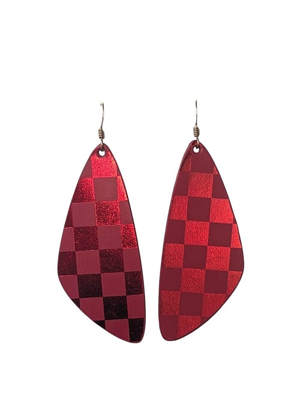 New Nickel & Suede Red Checkerboard Teardrop Earrings